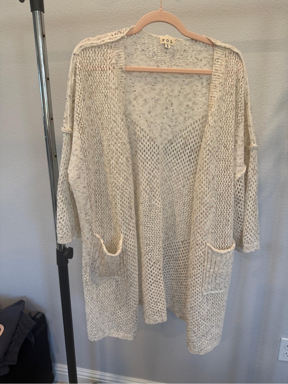POL Open-Weave knit pattern confetti Cream/Tan Cardigan w pockets large